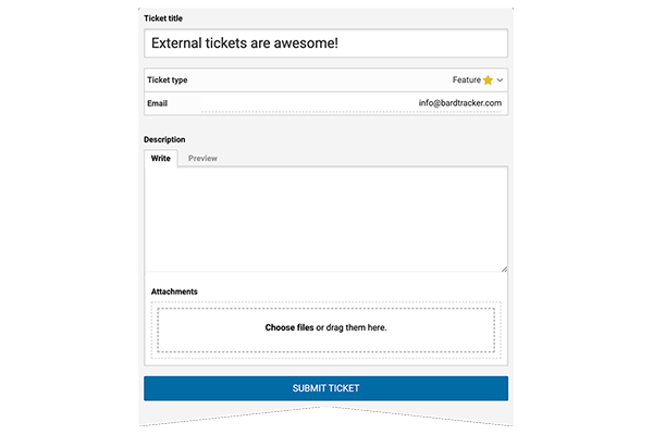 External Ticket Form example Screenshot of BARD Tracker's external ticket form