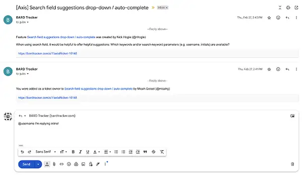 Keep everyone informed by replying to comments with BARD Tracker Screenshot of replying to a comment via email