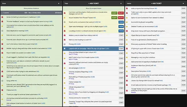 Manage Tickets with BARD Tracker Screenshot of BARD Tracker's main ticket boards