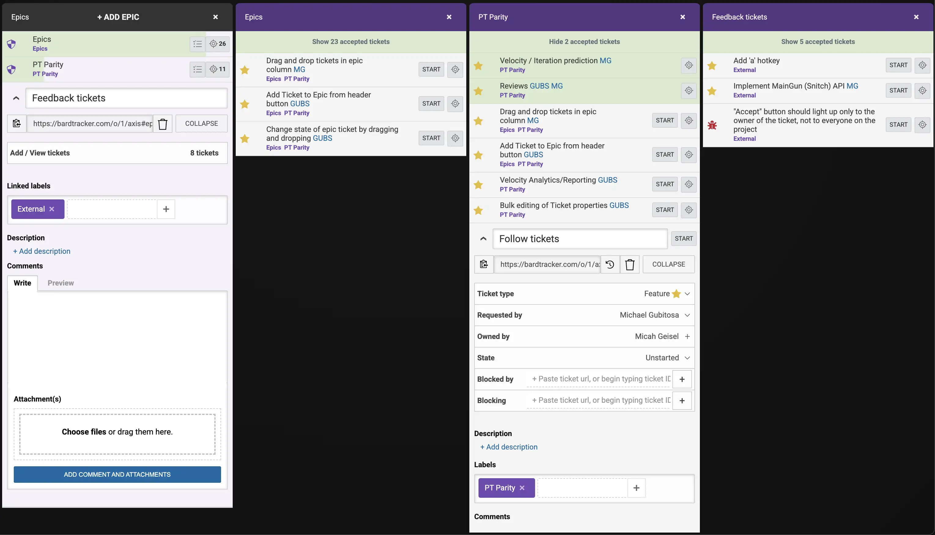 Organize with Epics on BARD Tracker Screenshot of BARD Tracker's Epic boards